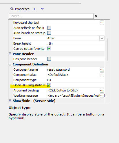 The TabbedUI builder showing the Open UX using static HTML file
property.